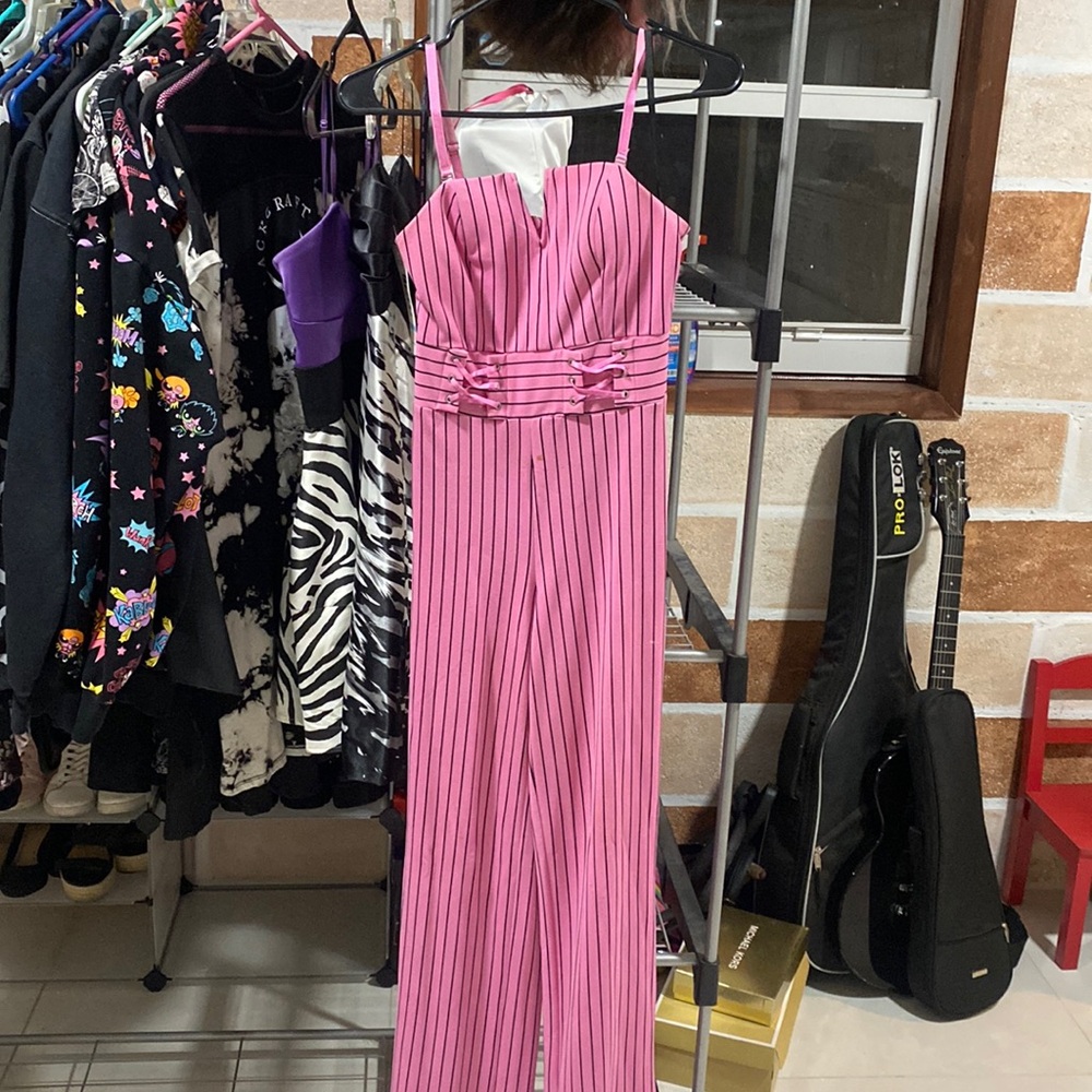 Pink black strip jump suit